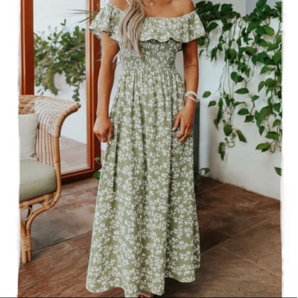 Off the shoulder Olive/White floral maxi dress